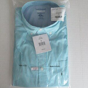 Saddlebred Tailored Fit Adaptive Cool Button Down Aqua Gingham Shirt Sz Medium